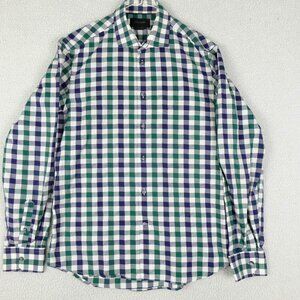 Duchamp Shirt Mens 16  Medium White Green Blue Check Oxford Button Up Casual